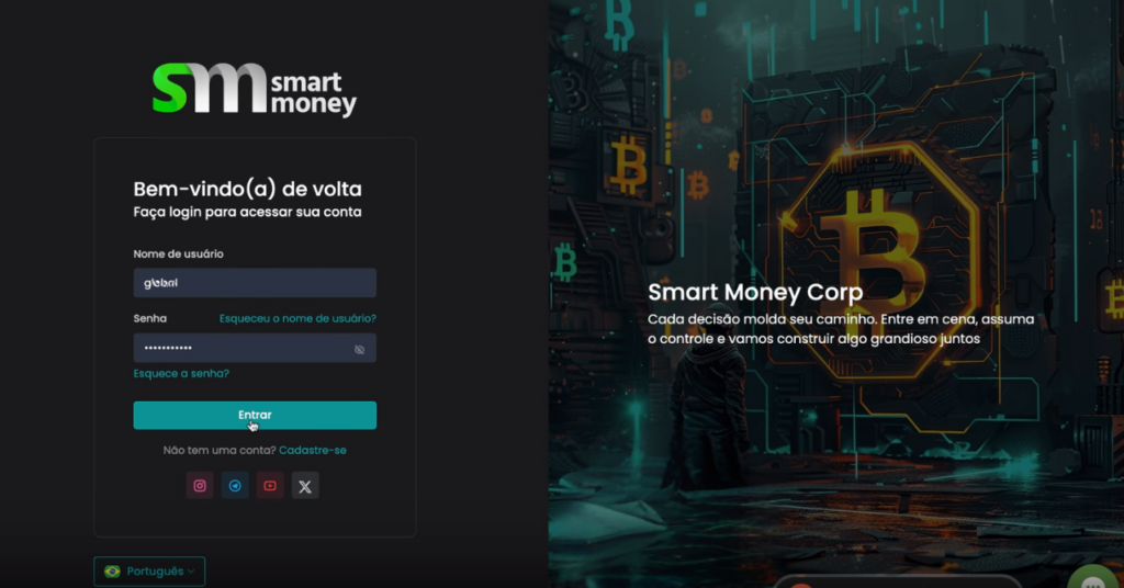 A imagem mostra uma tela de login de um site chamado "Smart Money". À esquerda, há um formulário de login com campos para "Nome de usuário" e "Senha", além de links para recuperar o nome de usuário ou senha esquecidos. O botão "Entrar" está destacado em azul. Abaixo do formulário, há ícones de redes sociais e um link para criar uma nova conta. À direita, há uma imagem futurista com elementos de tecnologia e criptomoedas, incluindo o símbolo do Bitcoin em destaque. O texto ao lado da imagem diz: "Smart Money Corp. Cada decisão molda seu caminho. Entre em cena, assuma o controle e vamos construir algo grandioso juntos." 