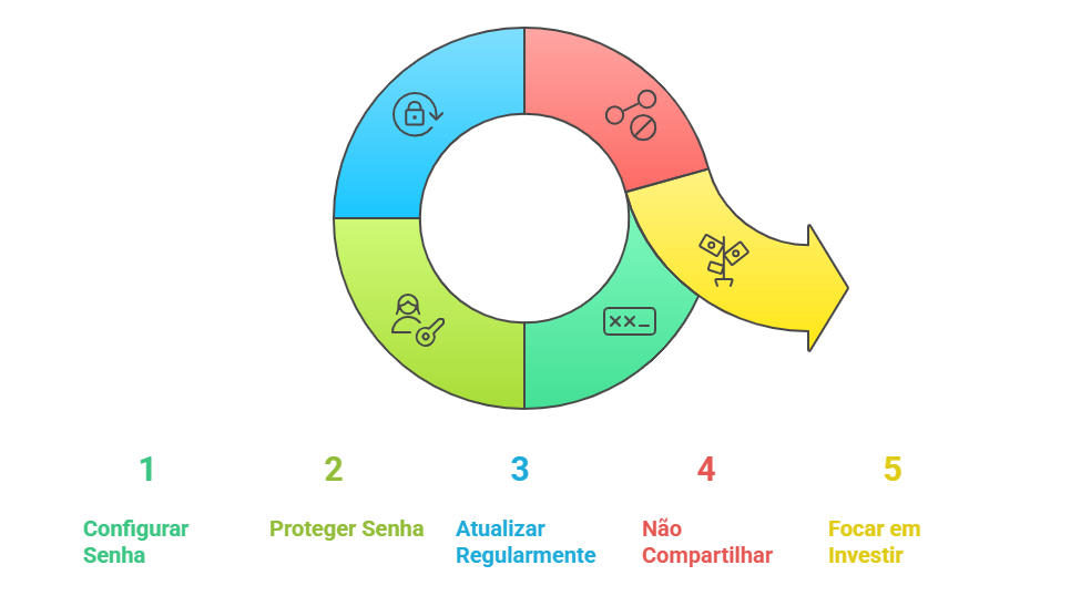 A imagem apresenta um gráfico circular dividido em cinco seções coloridas, cada uma representando uma etapa de um processo de segurança. As seções são numeradas de 1 a 5 e possuem ícones ilustrativos. A primeira seção, em verde claro, é rotulada como "Configurar Senha" e possui um ícone de cadeado. A segunda seção, também em verde claro, é rotulada como "Proteger Senha" e possui um ícone de uma pessoa com uma chave. A terceira seção, em azul, é rotulada como "Atualizar Regularmente" e possui um ícone de um teclado com a inscrição "XX_". A quarta seção, em vermelho, é rotulada como "Não Compartilhar" e possui um ícone de três pessoas conectadas. A quinta seção, em amarelo, é rotulada como "Focar em Investir" e possui um ícone de uma seta apontando para cima. O gráfico é interessante e relevante porque ilustra de forma visual e clara as etapas importantes para manter a segurança de senhas e dados pessoais. 