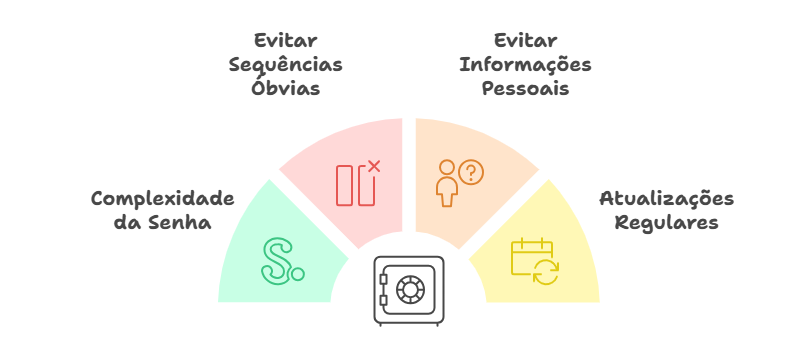 A imagem apresenta um gráfico semicircular dividido em quatro seções, cada uma com um ícone e um texto. No centro do gráfico, há um ícone de um cofre. As quatro seções são: "Complexidade da Senha" com um ícone de uma senha complexa, "Evitar Sequências Óbvias" com um ícone de uma sequência de números e um X, "Evitar Informações Pessoais" com um ícone de uma pessoa e um ponto de interrogação, e "Atualizações Regulares" com um ícone de um calendário com uma seta de atualização. A imagem é interessante e relevante porque fornece dicas visuais e textuais sobre como criar e manter senhas seguras.