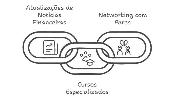 A imagem mostra três elos de corrente interligados, cada um contendo um ícone e um texto descritivo. O elo da esquerda contém um ícone de um gráfico de linha ascendente e o texto "Atualizações de Notícias Financeiras". O elo da direita contém um ícone de três pessoas e o texto "Networking com Pares". O elo central contém um ícone de um chapéu de formatura e o texto "Cursos Especializados". A imagem parece destacar três benefícios ou componentes principais de um serviço ou plataforma, possivelmente relacionada à educação ou desenvolvimento profissional na área financeira. 