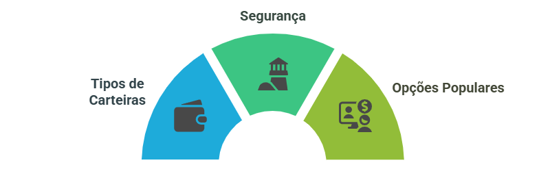 A imagem apresenta um gráfico semicircular dividido em três seções coloridas, cada uma com um ícone e um título. A seção à esquerda é azul e contém um ícone de uma carteira, com o título "Tipos de Carteiras". A seção central é verde e apresenta um ícone de um farol, com o título "Segurança". A seção à direita é verde-claro e mostra um ícone de uma tela de computador com um símbolo de dólar e duas pessoas, com o título "Opções Populares". Este gráfico ilustra visualmente diferentes aspectos relacionados a carteiras digitais, destacando a importância da segurança e das opções populares disponíveis no mercado. 