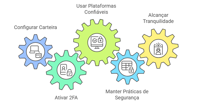 A imagem apresenta cinco engrenagens coloridas dispostas em um padrão circular, cada uma contendo um ícone e um texto associado. A engrenagem azul à esquerda exibe um ícone de um computador e uma carteira, com o texto "Configurar Carteira". No centro superior, a engrenagem verde-clara mostra um ícone de um monitor com um cadeado e um símbolo de verificação, acompanhado pelo texto "Usar Plataformas Confiáveis". À direita, a engrenagem amarela contém um ícone de uma pessoa com um alarme e o texto "Alcançar Tranquilidade". Na parte inferior esquerda, a engrenagem verde-água apresenta um ícone de um cadeado com um símbolo de verificação e o texto "Ativar 2FA". Na parte inferior direita, a engrenagem azul-clara mostra um ícone de uma tabela com um cadeado e o texto "Manter Práticas de Segurança". A imagem parece ser um infográfico sobre segurança digital, destacando práticas recomendadas para proteger informações e alcançar tranquilidade.