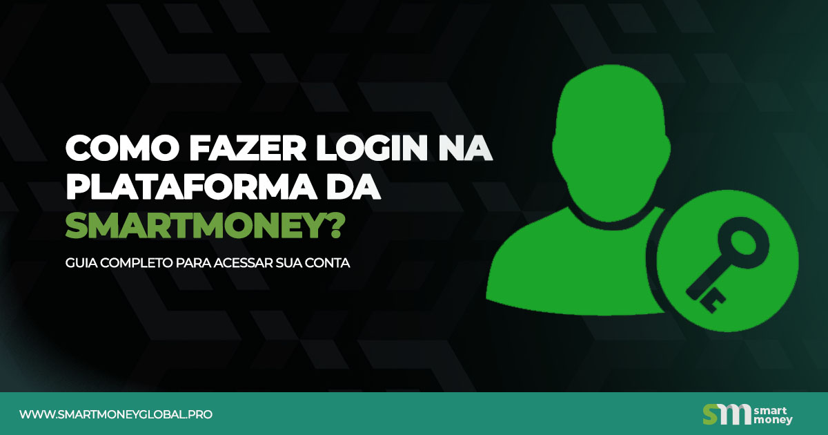 A imagem contém um fundo escuro com padrões geométricos e apresenta um texto em português que diz: "COMO FAZER LOGIN NA PLATAFORMA DA SMARTMONEY? GUIA COMPLETO PARA ACESSAR SUA CONTA". À direita do texto, há uma ilustração de uma silhueta de pessoa em verde segurando um ícone de chave. Na parte inferior da imagem, há um rodapé verde com o endereço do site "WWW.SMARTMONEYGLOBAL.PRO" e o logotipo da Smart Money. A imagem parece ser um guia ou tutorial sobre como fazer login na plataforma Smart Money, o que é relevante para usuários que precisam acessar suas contas.