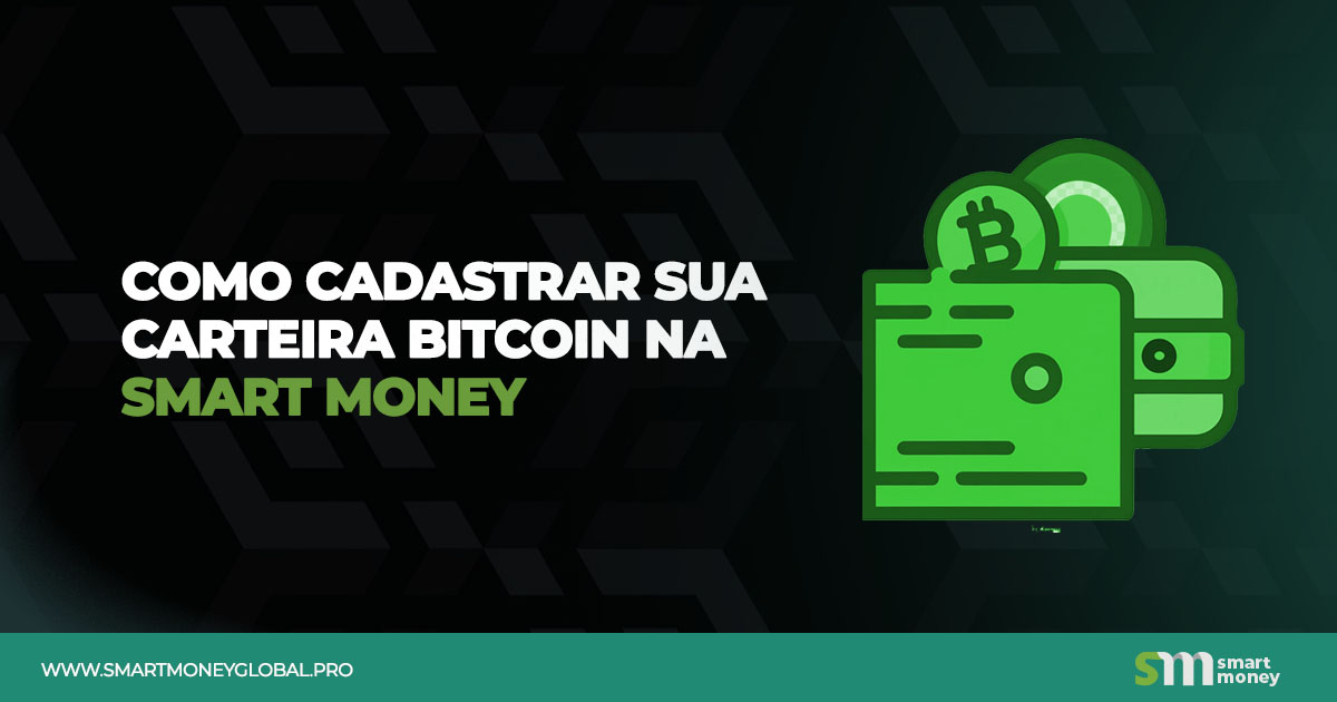 A imagem mostra um fundo escuro com um padrão geométrico em tons de preto e cinza. No lado esquerdo, há um texto em letras maiúsculas brancas e verdes que diz: "COMO CADASTRAR SUA CARTEIRA BITCOIN NA SMART MONEY". No lado direito, há uma ilustração de uma carteira verde com ícones de moedas, incluindo uma com o símbolo do Bitcoin. Na parte inferior da imagem, há um rodapé verde com o texto "WWW.SMARTMONEYGLOBAL.PRO" à esquerda e o logotipo da Smart Money à direita. Esta imagem é interessante e relevante porque fornece informações sobre como registrar uma carteira de Bitcoin na plataforma Smart Money, o que pode ser útil para pessoas interessadas em criptomoedas.